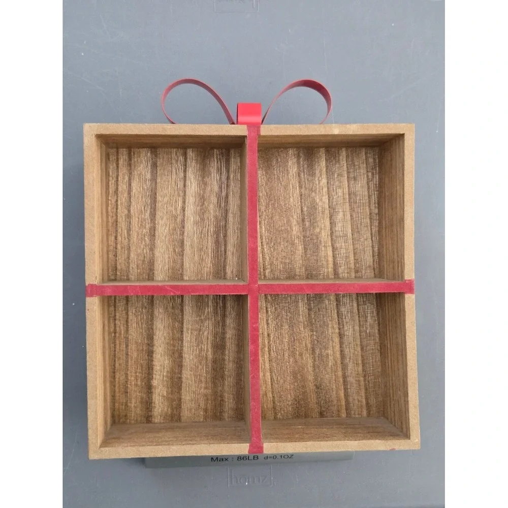 Wood Trinket Wall‎ Shelf Christmas Present Gift Package Red Metal Ribbon Bow